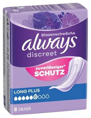 Obrázok produktu pre Balenie 5 kusov absorpčných vložiek Always Discreet pre ženy, určených na inkontinenciu, typ Long Plus, celkom 8 kusov