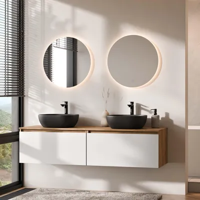 Produktbild von Planetmöbel ARISA Doppelwaschtisch 160 cm in Weiß mit 2 LED Spiegel NOVA 60 cm und 2 schwarzen Keramik-Aufsatzwaschbecken 42 cm
