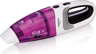 A white and purple handheld vacuum cleaner is shown in a studio shot with a white background and reflection.
