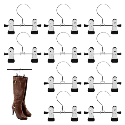Produktbild von 10er Stück Wäscheklammern Klammerhaken Multifunktionaler Kleiderbügel aus Metall Stiefel Kleiderbügel Clips Rutschfester Kleiderbügels 360° Drehbarer Edelstahl Haken Stiefel Aufhänger für Hosen Schuhe