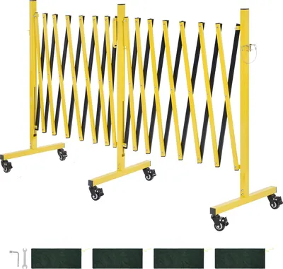 Image de SucceBuy Barrière extensible à ciseaux avec roulettes verrouillables, barrière métallique double face, longueur maximale de 7,66 m, barrière de protection mobile pour l'extérieur et les applications industrielles