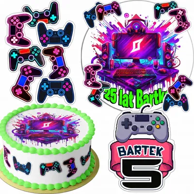 Zdjęcie produktu dla Zestaw Opłatek Na Tort 20Cm + 16 Postaci - Gamer Pad Gry + Imię 15Cm 18Cm