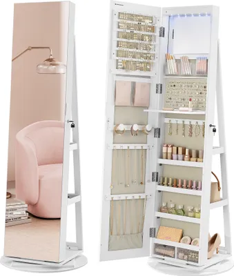Produktbild von SONGMICS Schmuckschrank mit LED und Spiegel, 3 Ablagen, 360° drehbar, weiß