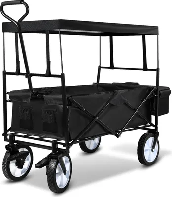 A black foldable wagon with a canopy, shown from a slightly elevated front-left angle against a white background.