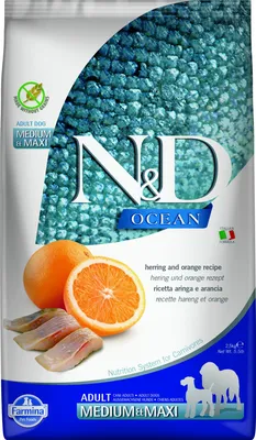 Productafbeelding van Farmina Pet Food N&D Ocean, voor volwassen dieren, Groot (26 tot 44 kg), Medium (11 - 25 kg), Haring, 2,5 kg