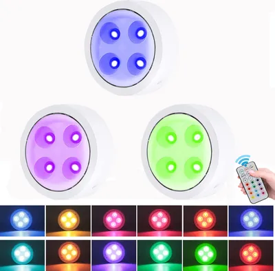 A collage of LED lights in various colors and a remote control.