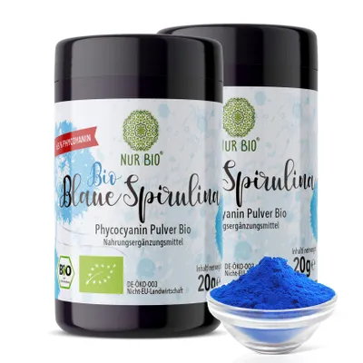 Produktbild von NUR BIO® Blue Spirulina Bio 2x 20 g Set, mit 65% Phycocyanin, vitaminreiche Nahrungsergänzung und natürliche Lebensmittelfarbe blau, Mikronährstoffe