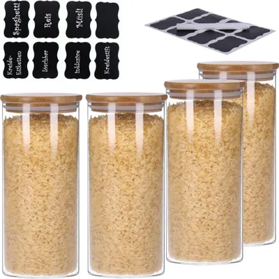Produktbild von 4er Set Vorratsglas mit Bambusdeckel und 8 Kreidetafel- Sticker (4 x 1500ml)