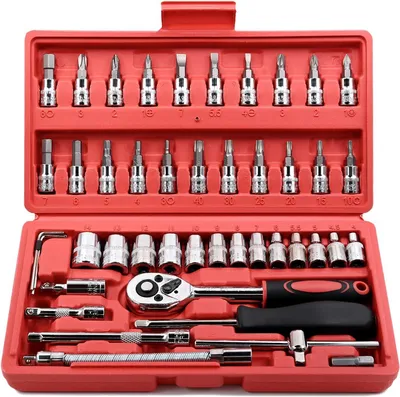 Produktbild von 1/4-Zoll-Ratschen-Steckschlš¹sselsatz (46-teilig), inklusive metrischem Steckschlš¹sselsatz und Verl?ngerungsstange. Ideal fš¹r Autoreparaturen und den Heimgebrauch, inklusive Aufbewahrungskoffer.
