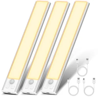 Produktbild von Unterbauleuchte Schrankbeleuchtung LED mit Bewegungsmelder 3000K Warmweiß stufenlose dimmbare Unterbauleuchte 1000mAh USB Wiederaufladbar Nachtlicht für Gang Eingangsflur Weinschrankleuchte 3 Stück