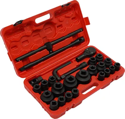Image de Jeu de douilles pour clé à chocs - 6 pans - 26 pièces - Acier au carbone 45 - Pour réparations automobiles - Avec coffret - Noir