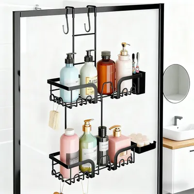 Image de Étagère de douche à suspendre, noire, en acier inoxydable, sans perçage, pour portes de douche en verre, dimensions : 58 x 32 x 13,5 cm