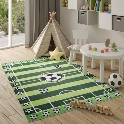 Produktbild von Teppich Kinderzimmer Grün Schwarz Weiß Fußballteppich Fußballfeld 160 x 230 cm