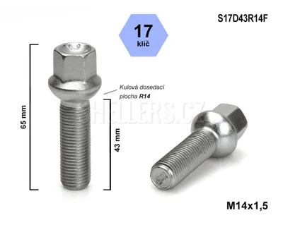 Obrázok produktu pre Skrutka kolesa M14x1,5x43 guľová skrutka R14, kľúč 17, S17D43R14F, výška 65 mm