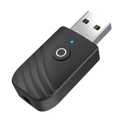 A black Bluetooth adapter with a USB connector is shown against a white background.