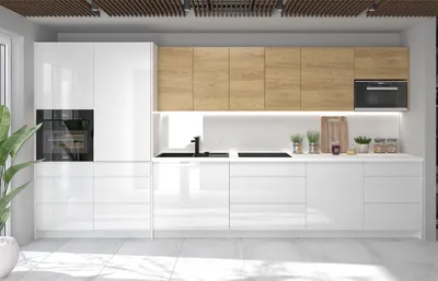 Produktbild von Küchenzeile AVELLINO 406cm Hickory Natur weiß Hochglanz Ausführung wählbar Blum Metabox Teilauszug