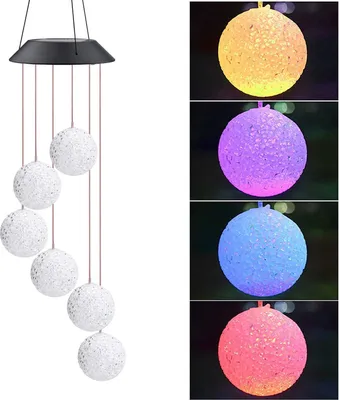 A collage showing a solar-powered wind chime with multiple colored lights and examples of the lights in different colors.