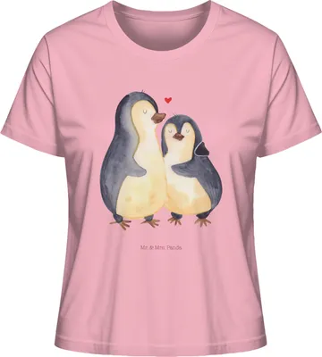 Produktbild von Mr. & Mrs. Panda Basic T-Shirt Damen Pinguin umarmen Größe M - Baumwolle Pink - Geschenk, Frauen, Hochzeitstag, Oberteil, Shirt, Hochzeitsgeschenk, Umarmung Verliebt, Liebe