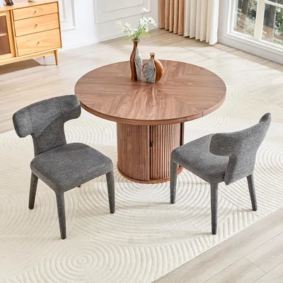 Immagine prodotto di Set da tavolo, tavolo rotondo di 100 cm di diametro, aspetto legno, ripiano portaoggetti, 4 poltrone in poliuretano (grigio)