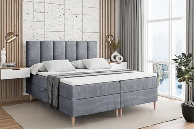 Produktbild von ALTDECOR Boxspringbett mit Holz Füßen, Matratze und Lattenrost, Boxbett, Topper, Polsterbett mit Bettkasten, Bett mit Stauraum H4-Matratze, Doppelbett - BOXI1-FD- 140x200 - Grau Samt