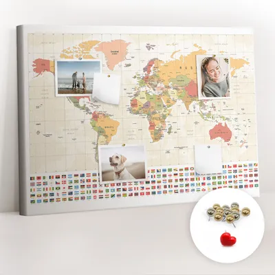 Obrázek produktu pro Korková nástěnka s kolíčky - Tabule s kolíky pro fotografie a poznámky - 100x70 cm - Připínáčky kovové 100 kusů - Design mapy světa