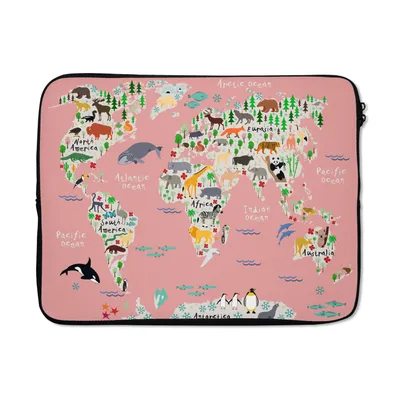 Produktbild von MuchoWow® Laptop Hülle 17 Zoll Laptoptasche Weltkarte - Kinder - Rosa - Tiere - Zipper - Schutzabdeckung