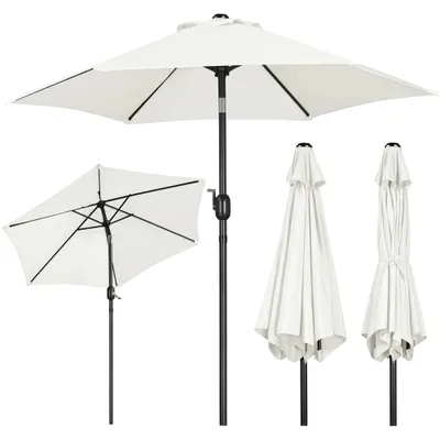 Multiple views of a white patio umbrella, including open and closed states, against a white background.