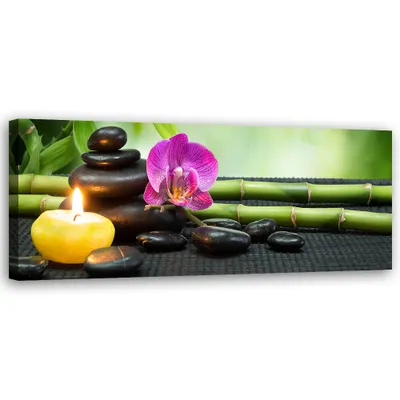 Produktbild von Leinwandbild Zen-Komposition mit Kerze und Blumen 120x40 Feeby Grün bild für die wand bereit zum aufhängen
