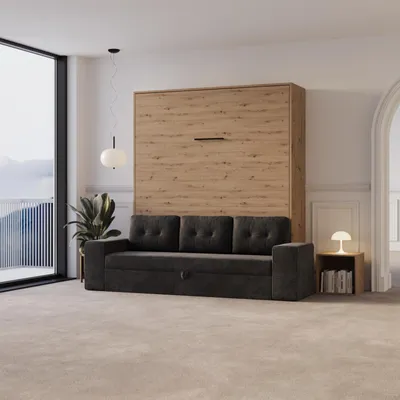 Produktbild von Schrankbett M3 160x200 (Tiefe 55cm) Vertikal Wildeiche inkl.SOFA Anthrazit