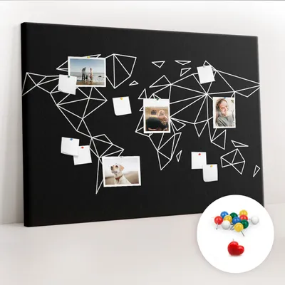 Obrázek produktu pro Korková nástěnka s kolíčky - Tabule s kolíky pro fotografie a poznámky - 140x100 cm - Připínáčky barevné 100 kusů - Moderní mapa světa