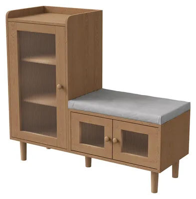 Zdjęcie produktu dla Szafka na buty z siedziskiem - 100 x 35 x 90 cm - 3 drzwi szklane - 4 szuflady - siedzisko tapicerowane - kolor drewna