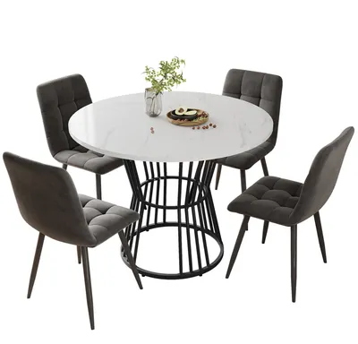 Produktbild von Flieks Essgruppe, Esstisch mit 4 Stühlen, Rundtisch 100x75 cm, Tisch für Esszimmer Wohnzimmer, Polsterstühle mit Sitzfläche aus Samt, grau