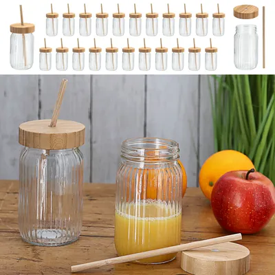 Produktbild von Trinkglas 24er Set Deckel Trinkhalm | Bambus Ø8cmx13,5cm 400ml Glas | Getränkeglas Outdoorglas Trinkbecher