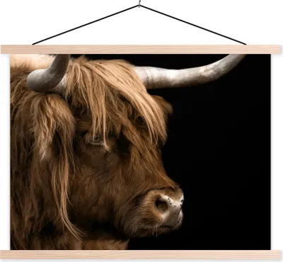 Produktbild von MuchoWow® Textilposter Schottisches Hochlandrind - Tiere - Schwarz 120x90 cm mit holzfarbenen Rahmen - Magnetisch