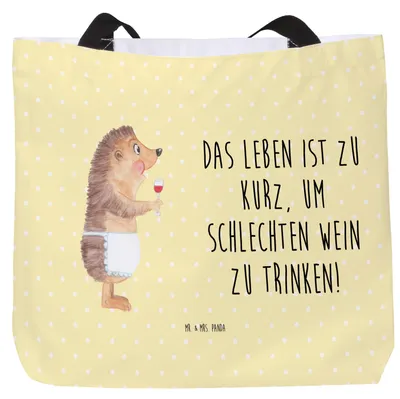 Produktbild von Mr. & Mrs. Panda Strandtasche Igel Wein - Gelb Pastell - Geschenk, Spruch, Weinglas, Laptoptasche, Weinliebhaber, Tasche, Gute Laune, Einkaufstasche, Tote Bag, Weißwein