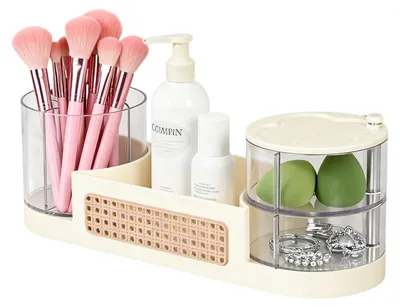 Produktbild von Drehbarer Make-up-Organizer – Multifunktionaler Make-up-Organizer für Pinsel, Lippenstift und Lidschatten – Kosmetikaufbewahrungsregal für Badezimmer, Schlafzimmer und Schminktisch (beige)