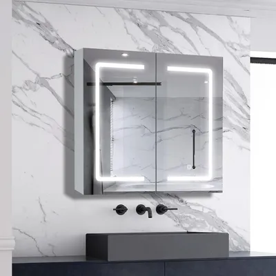 Produktbild von AICA LED Spiegelschrank 80x70cm Weiß Matt Touch/Wandschalter Beschlagfrei 3 Lichfarbe Dimmbar Spiegelschrank mit Steckdose