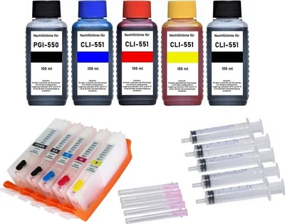 Image de Cartouches d'encre rechargeables avec puces de réinitialisation automatique Canon PGI-550 + CLI-551 - 5 cartouches avec 500 ml d'encre de recharge Premium black, cyan, magenta, yellow, photo-black pour Pixma IP7250, IP8750, IX6850, MG5450, MG5550, MG5650, MG5655, MG6350, MG6450, MG6650, MG7150, MG7550, MX725, MX925.