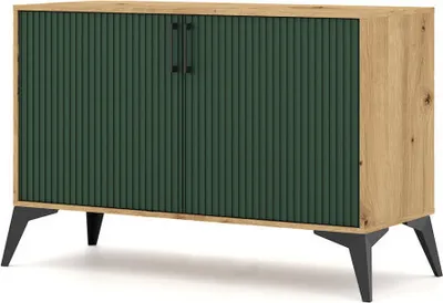 Produktbild von "Lugo" Kommode mit 2 Türen, geriffelten Fronten in Artisan Eiche – Grün, 112 x 40 x 78,4 cm