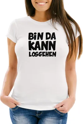 Produktbild von Damen Fun T-Shirt mit Spruch Bin da kann losgehen Slim Fit Moonworks® weiß XS
