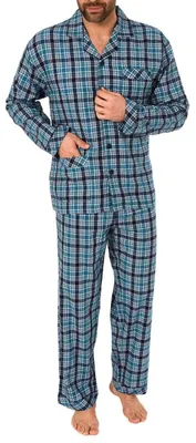 Produktbild von Herren Flanell Pyjama Schlafanzug zum durchknöpfen - auch in Übergrössen 281 101 95 649 ; marine , 54