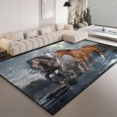 Image de Tapis 3D représentant un cheval, avec sous-couche antidérapante, idéal pour une chambre d'enfant