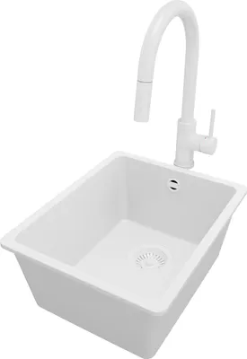 Produktbild von PRIMAGRAN Granitspüle Alles Weiß 36x44cm, Spülbecken 1 Becken + Küchenarmatur 40x20cm + Ablauf-Set, Küchenspüle ab 40er Unterschrank - Venedig Slim Easy