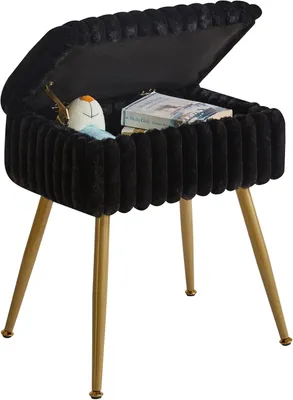 Image de Tabouret de maquillage avec espace de rangement, 4 pieds en métal, revêtement en velours doux, couleur noire, idéal pour une chambre