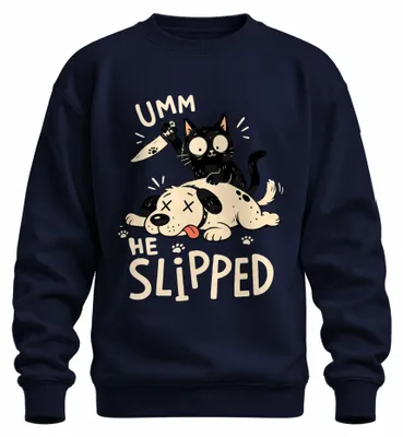 Immagine prodotto di UMM HE SLIPPED: Felpa con cappuccio, motivo "Gatto nero", stile "Kater Statement", con un tocco di sarcasmo. Colore: blu navy. Taglia: XL