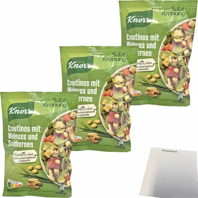 Produktbild von Knorr Salatkrönung Croutinos mit Walnuss und Sojakernen 3er Pack (3x25g Packung) + usy Block