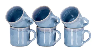 Produktbild von 6er Set Steingut Becher 350ml Tasse Blau Kaffeetassen Modern Design Küche Kaffeepott Teetasse
