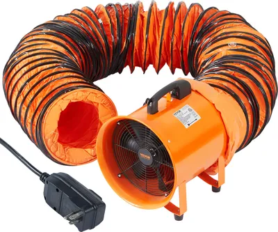 An orange industrial fan with a flexible orange duct attached, shown on a white background.
