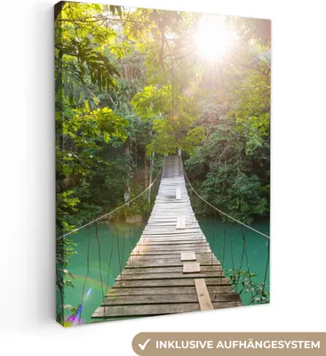 Produktbild von MuchoWow® - Leinwandbilder - Dschungel - Wasser - Brücke - Natur - Pflanzen, Wandbild, Wanddeko Bilder Wohnzimmer, 90x120cm