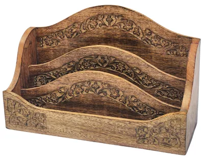 Holz-Briefständer, 3 Fächer, Mangoholz, handgeschnitzt, 28x10x18 cm